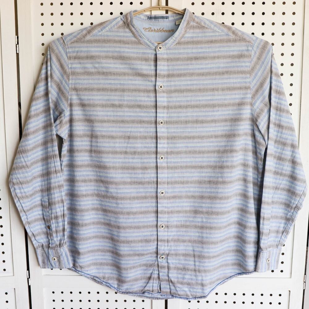 Caribbean Men SIZE L Blue Linen‎ Blend Stripe LS Button Up Shirt Band Collar